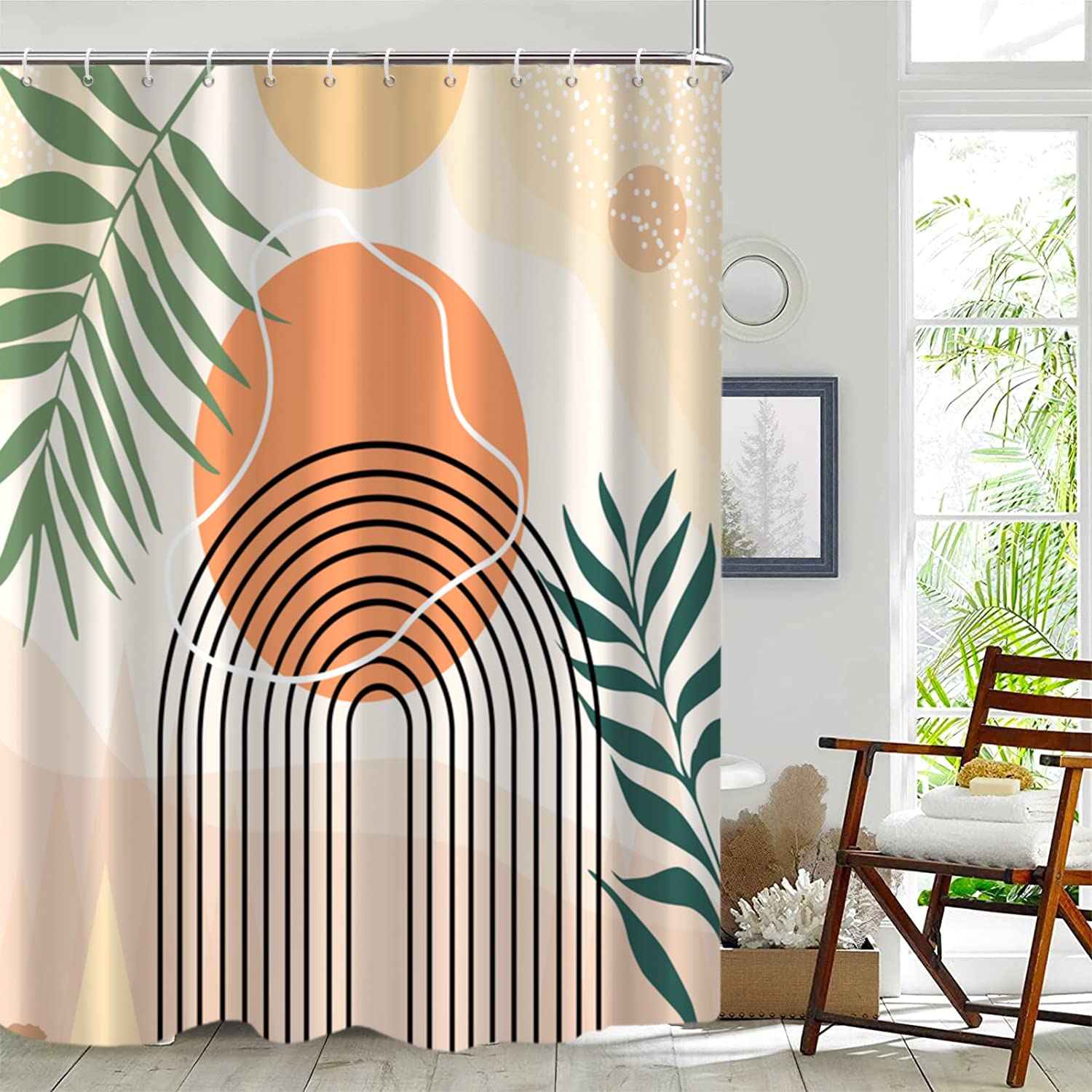 GiuMsi Boho Leaf Shower Curtain – Black & White Mid Century Arch Sun Design, Waterproof Polyester, 60 X 72 Inches With Hooks