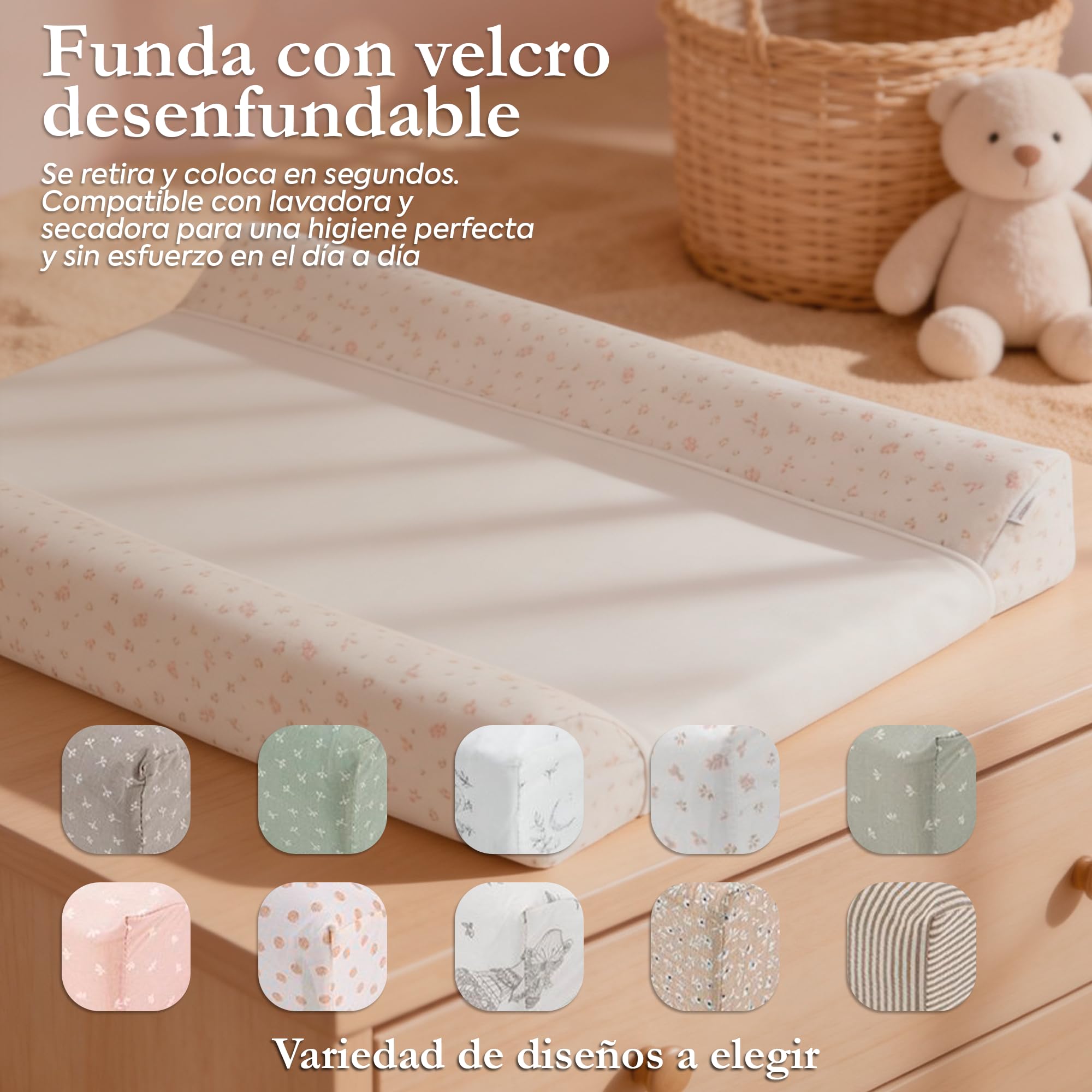 CAMBRASS Cambiador Bañera Bebe Acolchado de Algodon Impermeable y Ergonomico para Comoda o Cama 50x70x9 cm Rustic Rosa