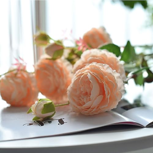 Miniatura 5 de famibay Rosa de col inglesa sintética con 4 ramas y 12 tallos, mezcla de flores y brotes en rosa melocotón, flores de seda artificial y vegetación