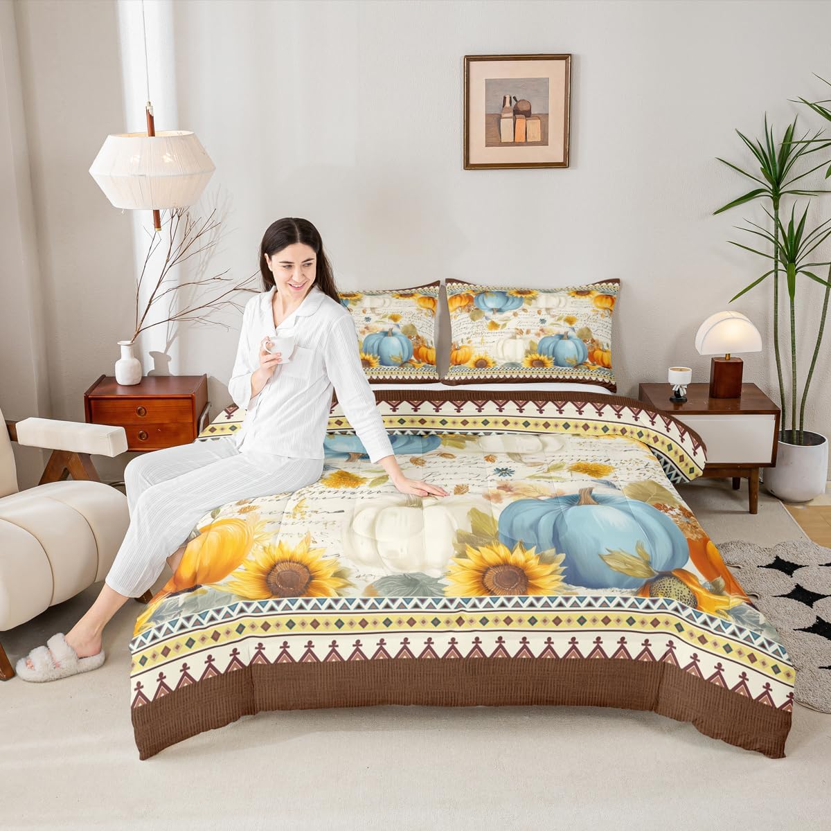 Erosebridal Pumpkin Comforter Set King Size Thanksgiving Day Gifts Bedding Autumn Harvest Bedding Comforter Sets Farm Maple Leaf Pumpkin Sunflower Duvet Insert Happy Fall Y'all Fall Season Quilt