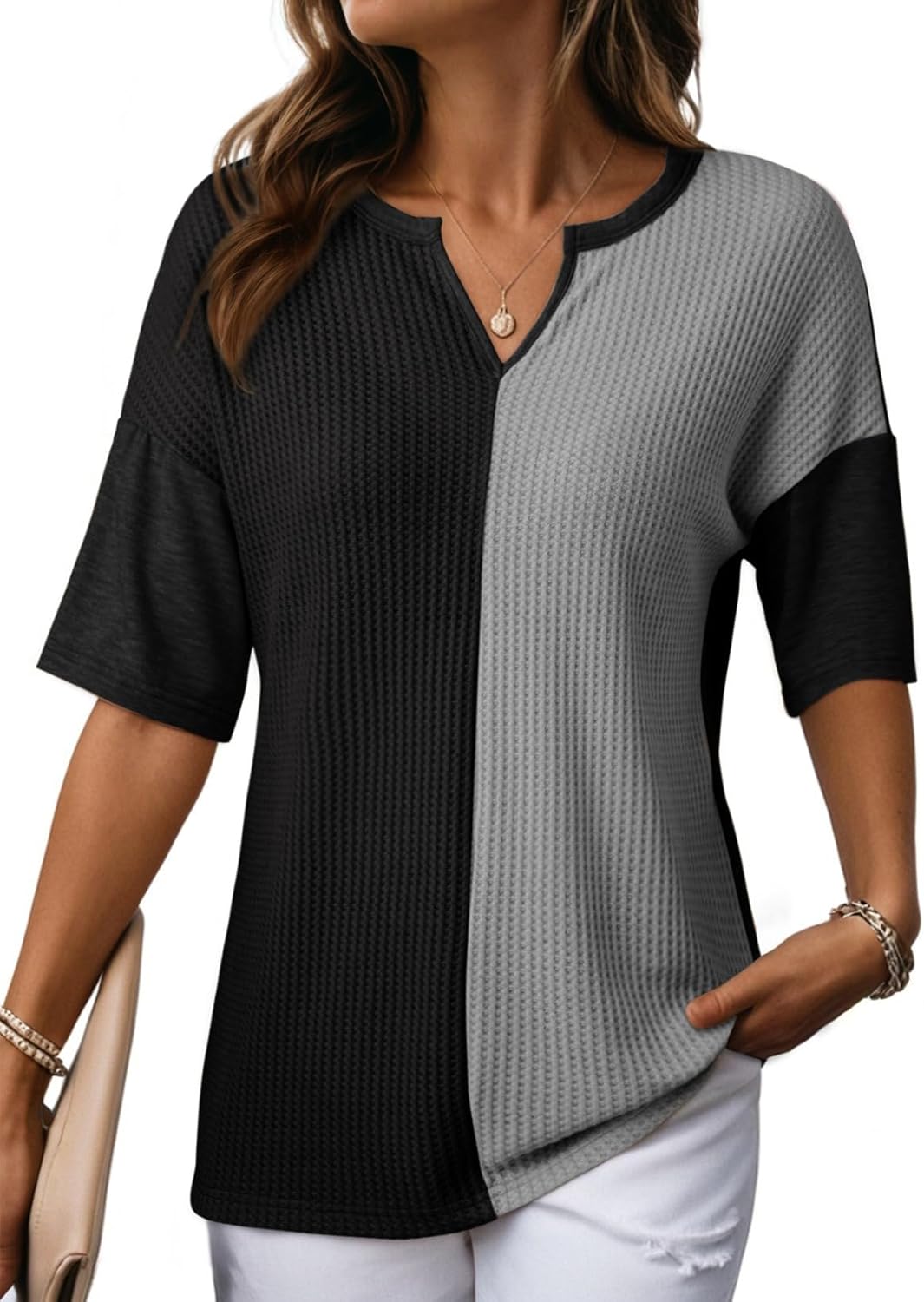 Dokotoo Womens Summer Tops Fashion 2026 Half Sleeve Waffle Knit Shirts Casual V Neck Colorblock Patchwork Blouse - Image 4
