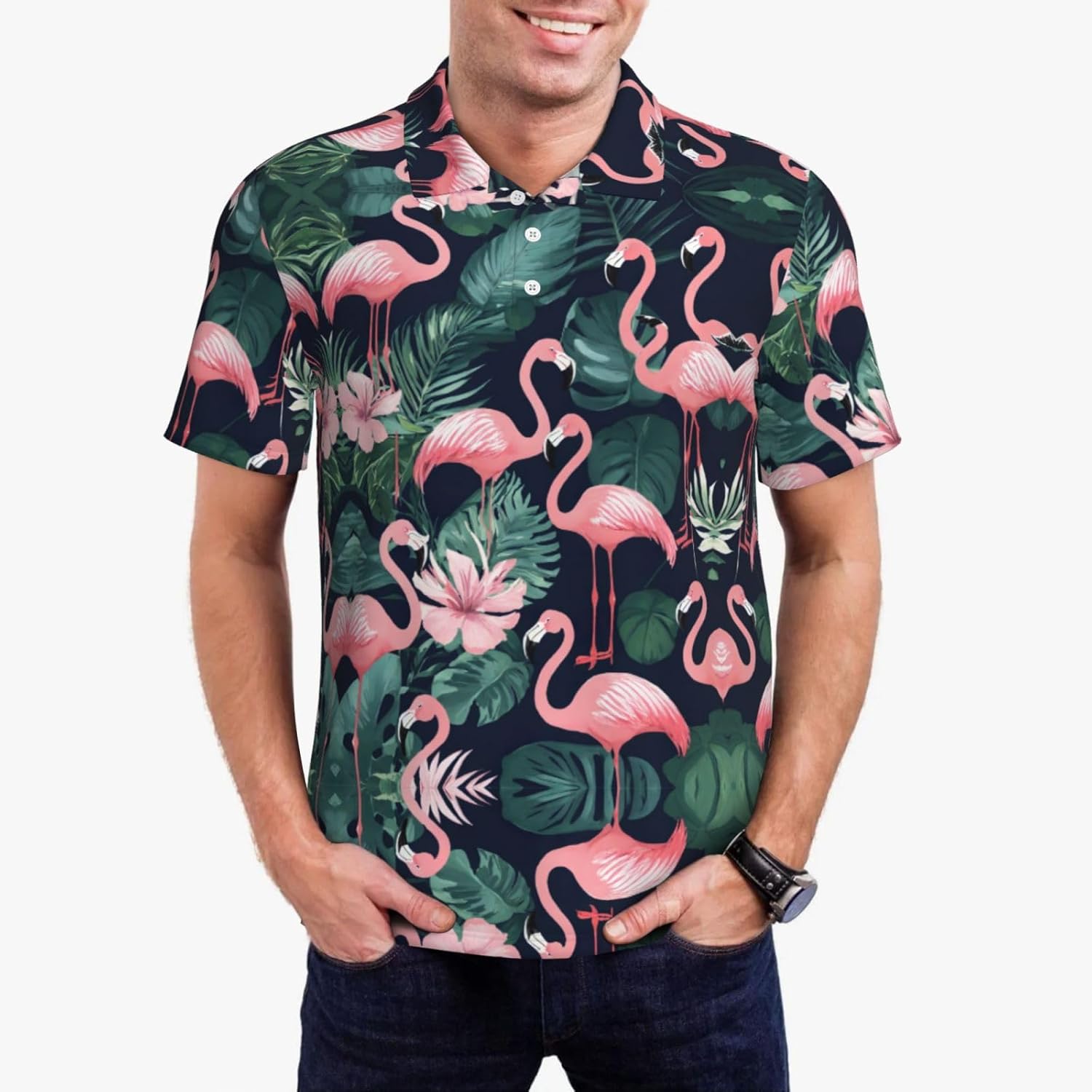 Pink Flamingo Print Men's Polo Shirts, Short Sleeve Golf Shirt, Moisture Wicking Athletic Casual T-Shirt