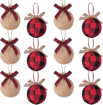 Christmas Tree Decorations, 12pcs Buffalo Plaid Burlap Farmhouse Christmas Ornaments, Red Black Country Xmas Decor Indoor, Cute Rustic Xmas Ball for Home Office Family Holiday Party, Unbreakable