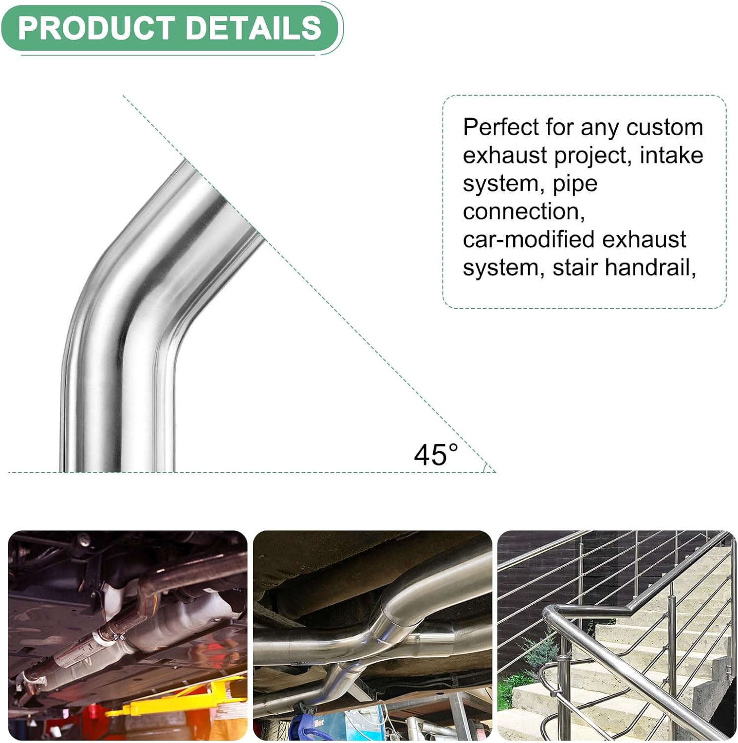 M METERXITY 2-Pack OD 2 Inch 45 Degree Mandrel Bend Elbow, Thicken 1.5 mm 304 Stainless Steel Exhaust Elbow Pipe for Car Modified Exhaust System, Stair Handrail Bend, Height 155 mm