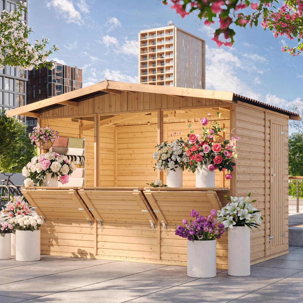 TIMBELA M150A Holz Gartenhaus, Marktbude Holz, Qualitäts Schiffslatten Kiefern Fichte Verkaufsstand Holzhaus mit Theke, DREI Fenster, 200x300/6 m2, große multifunktionale Garten-Bar Verkaufshütte