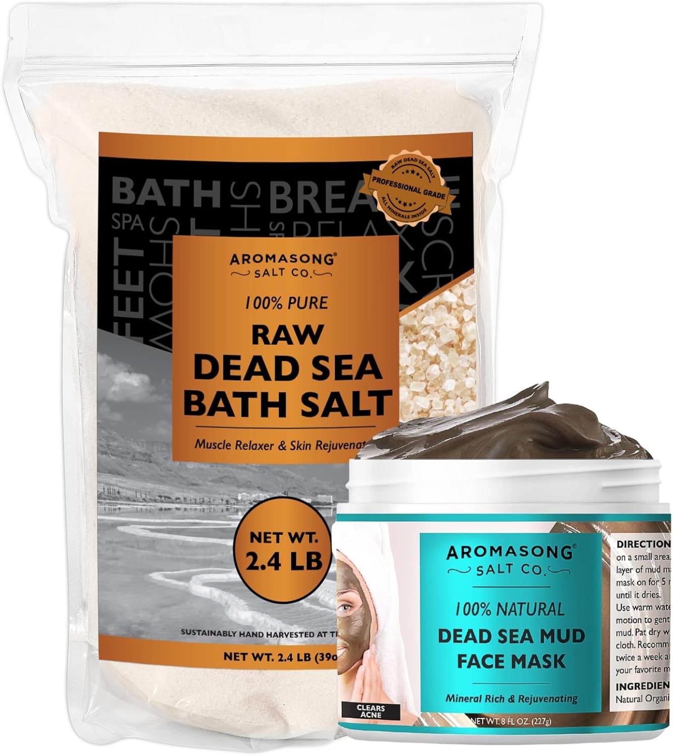 Aromasong 2.43 lbs Raw Dead Sea Bath Salt in Resealable Pack with 100% Pure Dead Sea Mud Facial Mask – 5 Minute Mask – No Ingredients Added