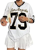 LUKYCILD Oversized V-Neck Jersey Shirt for Women - Striped Y2K Streetwear Tee with Number Graphic