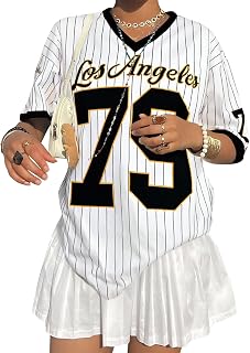 LUKYCILD Oversized V-Neck Jersey Shirt for Women - Striped Y2K Streetwear Tee with Number Graphic