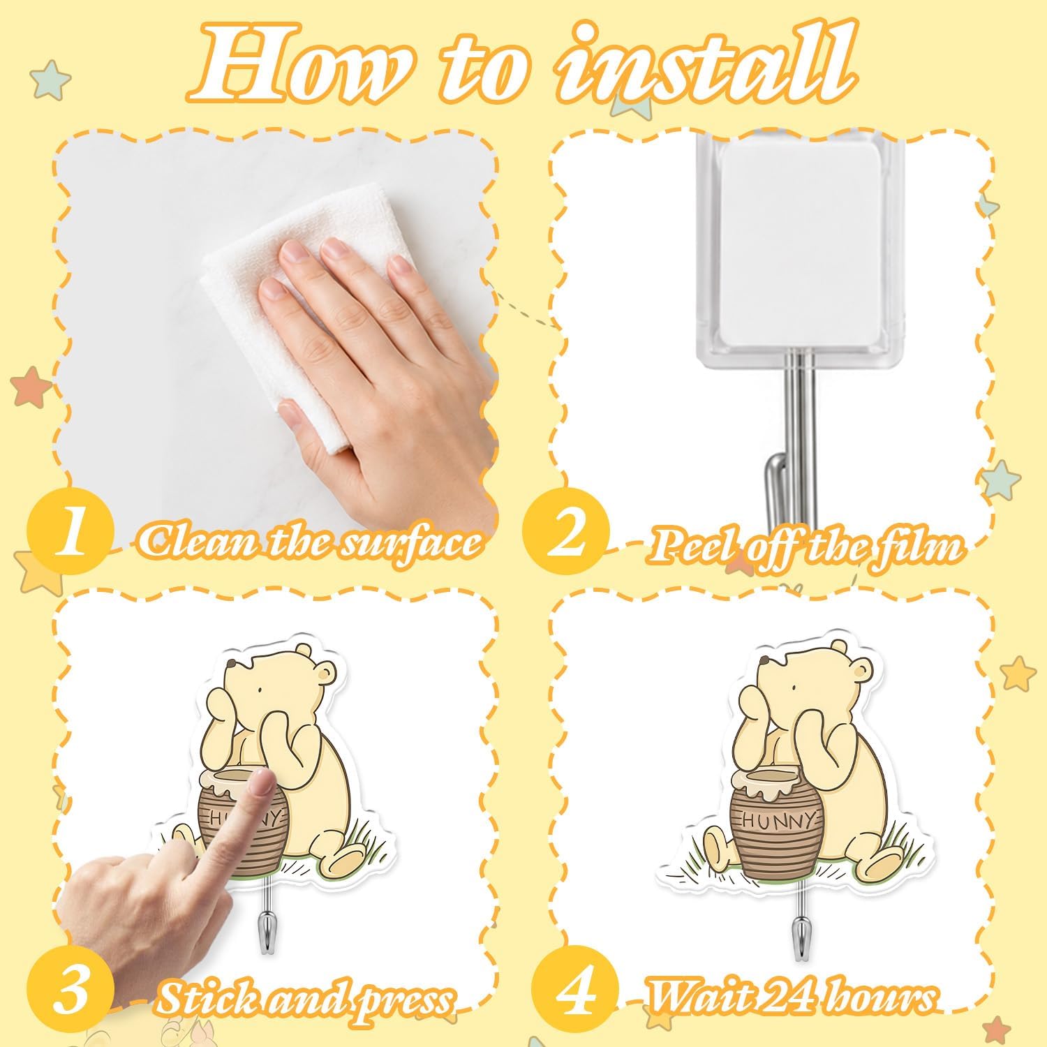 Classic Winnie Bathroom Decor Adhesive Hooks,the Pooh Acrylic Self Stick Wall Hangers for Bathroom Kitchen Entryway Laundry Room,Cute Cartoon Hooks for Towels Keys Bags Coats Robes Home Wall Decor image 4