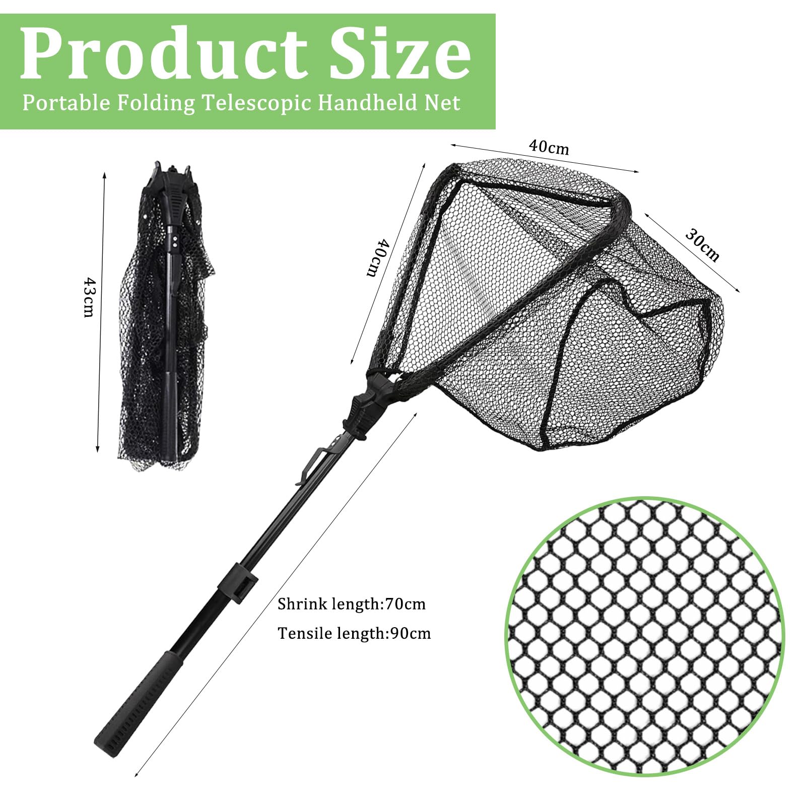 CATELL Red de Pesca Plegable Telescópica Triangular, 90cm Red de Pesca Telescópica con Malla de Goma Sacaderas de Pesca para Captura Estanques Acuario Salmón Trucha Bajo Pez Gato