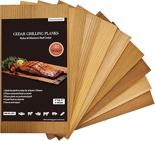 Paquete de 9 tablones de cedro rojo occidental para asar salmón, tablones de parrilla de 7 x 3.7 pulgadas, accesorios de barbacoa para asar