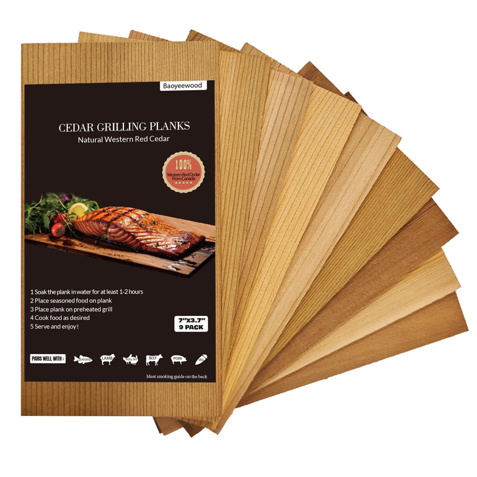baoyeewood 9 Pack Western Red Cedar Planks for Grilling Salmon, 7"x3.7" Grilling Planks, BBQ Accessories for Grilling