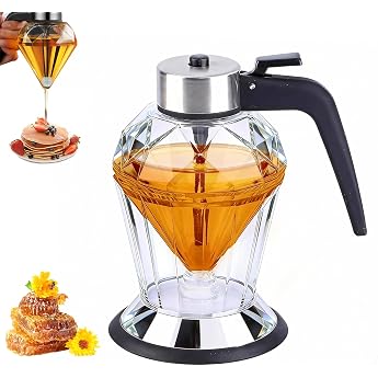 Honey Dispenser Glass Drip-Free One-Handed Dispenser for Honey Syrup and Oil with Diamond Design Non-Slip Silicone Base Dishwasher Safe Kitchen Aid with Elegant Diamond Design