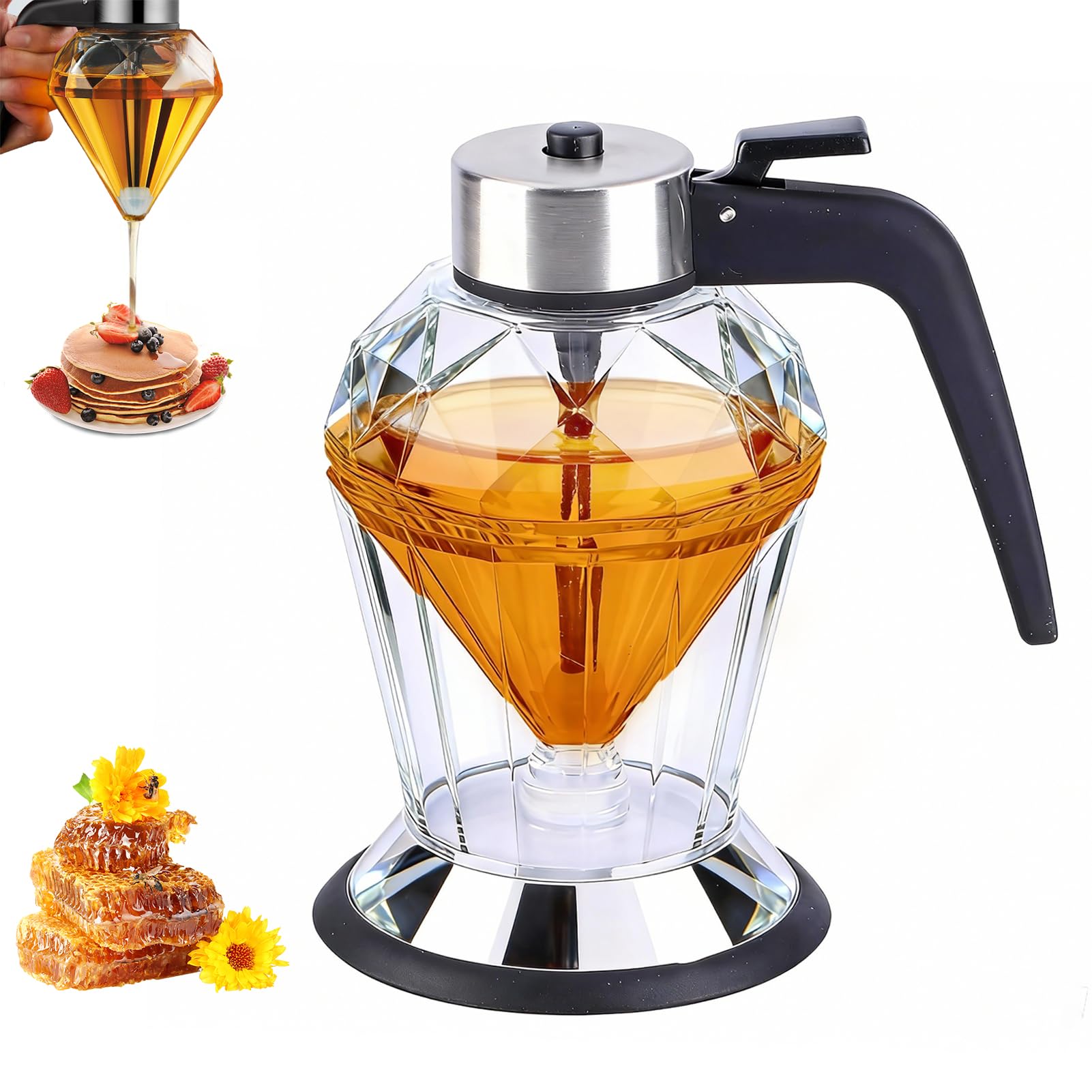 Distributeur de Miel en Verre 200ml, Pot à Miel Design Diamant avec Base Anti-Goutte, Contrôle à Une Main pour Sirop, Huile et Condiments, Bouteille Réutilisable avec Support en Silicone Antidérapant