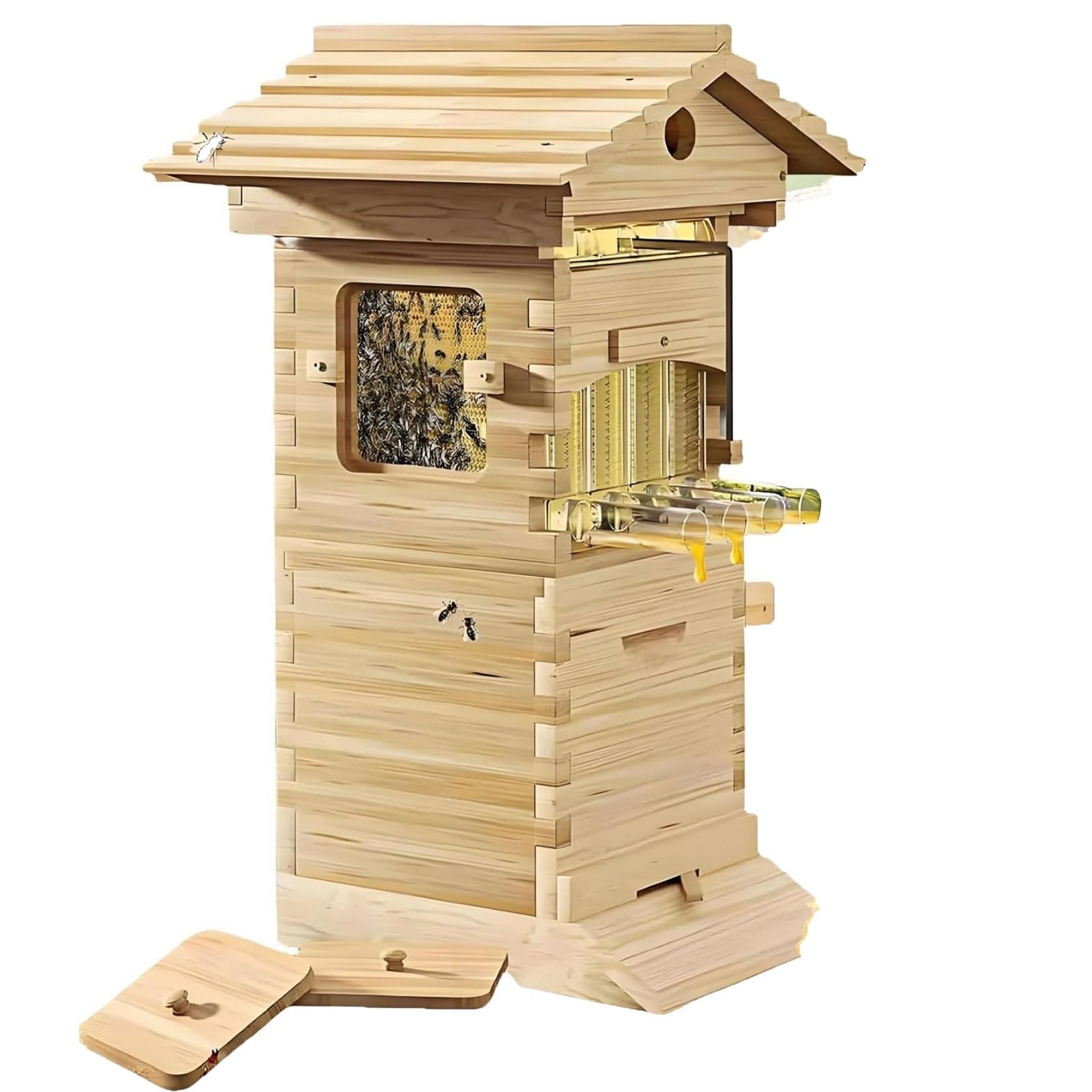 Beehive Starter Kit de démarrage en bois avec plateaux en nid d'abeille, fenêtre d'observation, bec de miel pour débutants – Apiculture naturelle essentielle