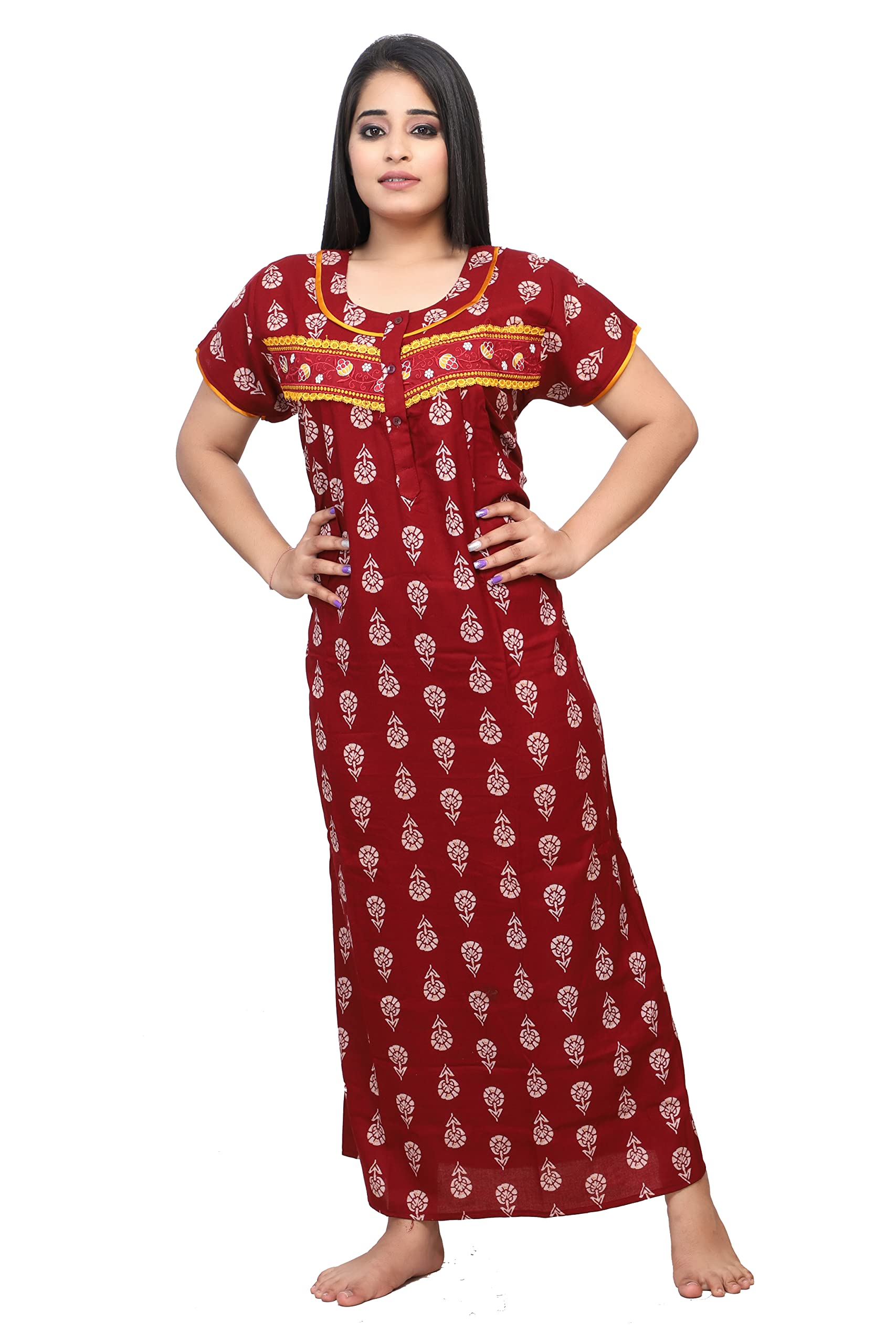 NIGHTFABWomen's Embroidered Alpine Cotton, Viscose and Polyester Floral A-Line Maxi Nightgown