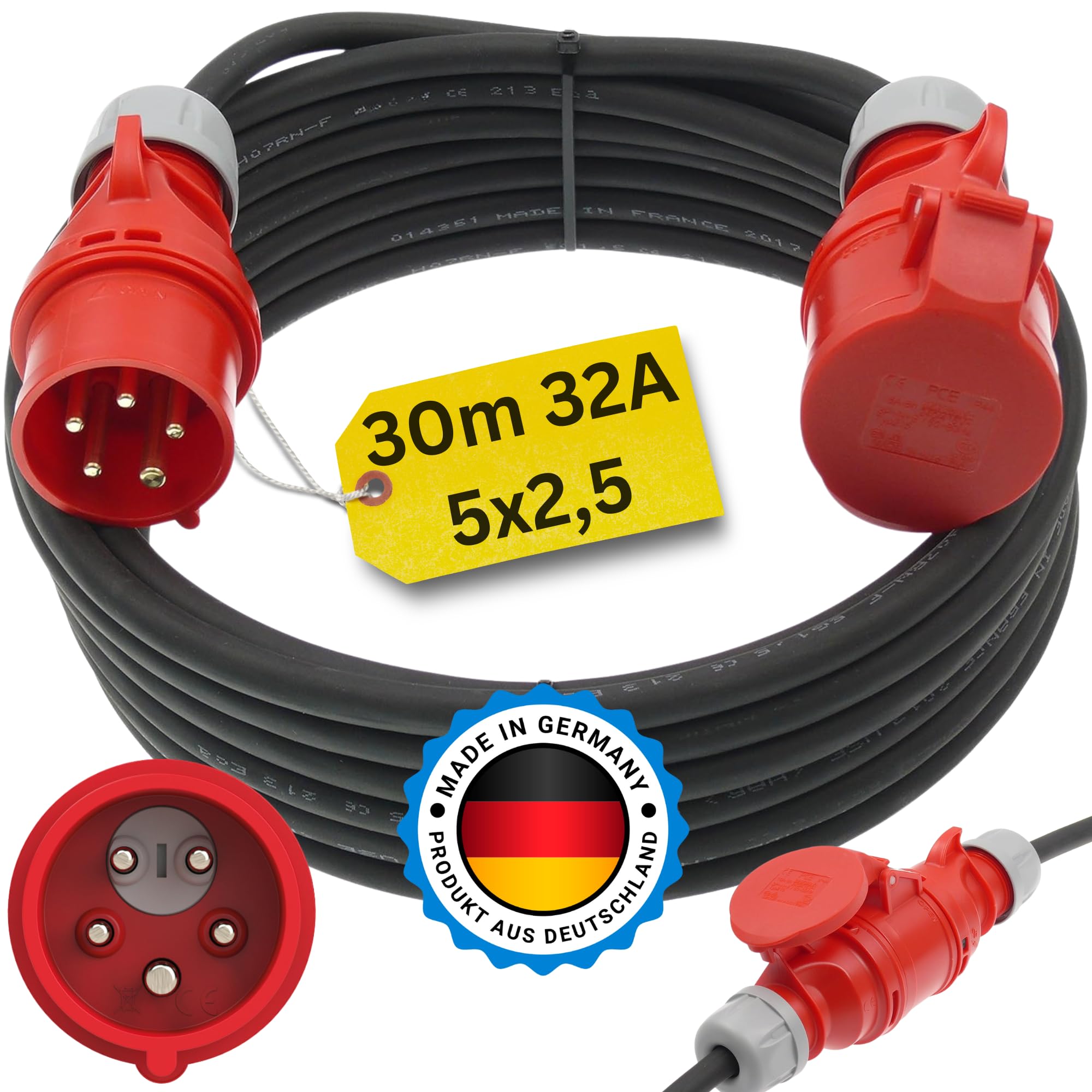CEE Starkstromkabel mit Phasenwender 400V / 32A 30m Verlängerungskabel 5-polig (3P+N+PE) H07RN-F 5x2,5 mm² AC Gummikabel IP44 Außenbereich