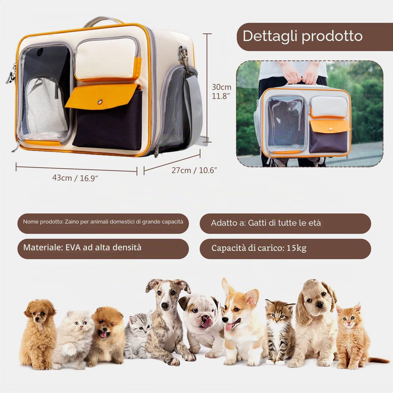 PETCUTE Zaino per Cani,Fino a 15 kg,Zaino Per Animali Domestici con Materasso Rimovibile,Traspirante,Durevole,Trasportino per Cani e Gatti con Spallacci Regolabili,Per Viaggi, Escursioni
