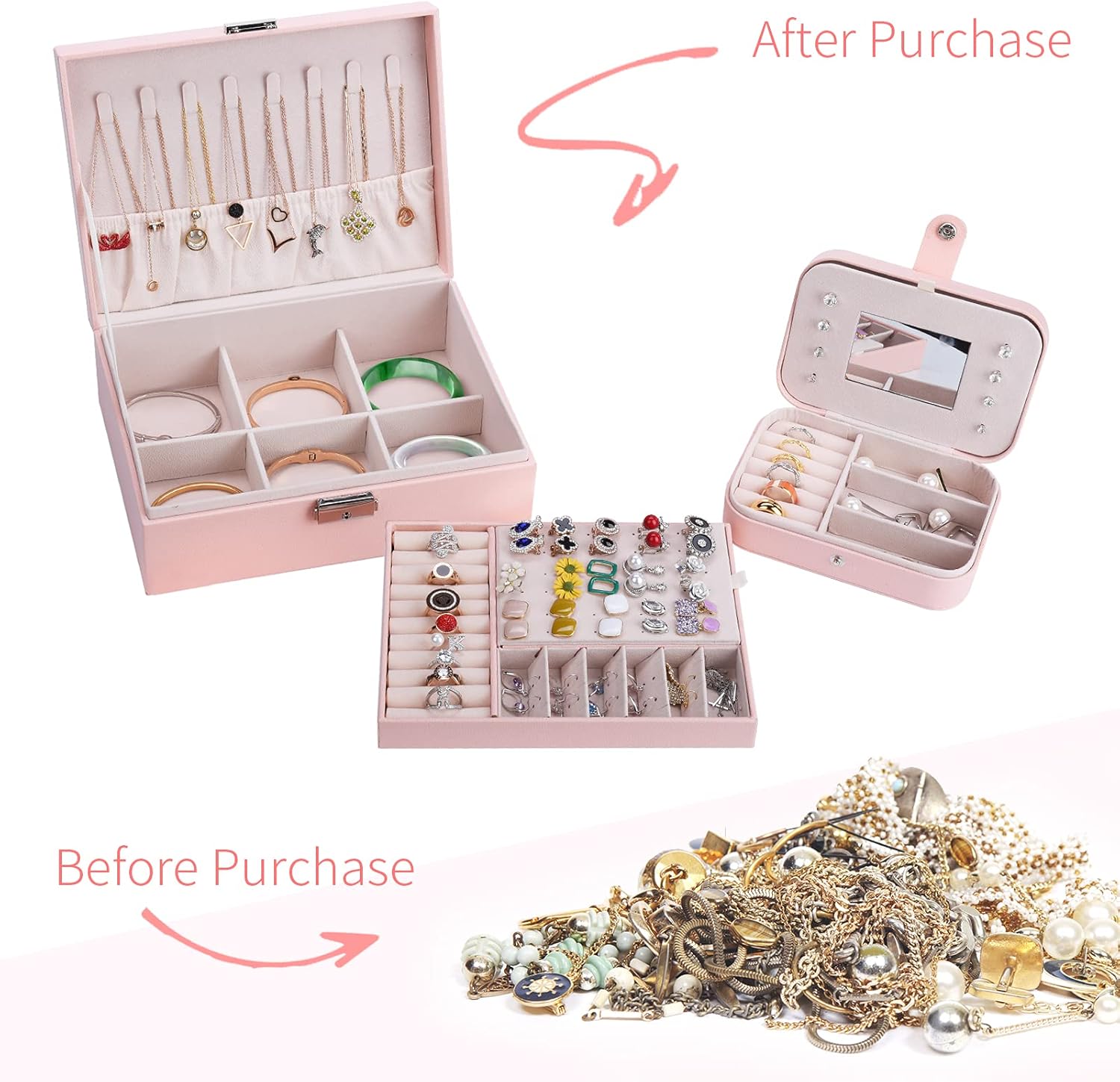 GOLVER 2-pack Jewelry Box Organizer with Lock & Travel Jewelry Case, Lift-out Earrings/Rings Tray, Adjustable Compartments for Necklaces, Bracelets & Accessories, Built-in Mirror, PU Leather, Pink : Clothing, Shoes & Jewelry