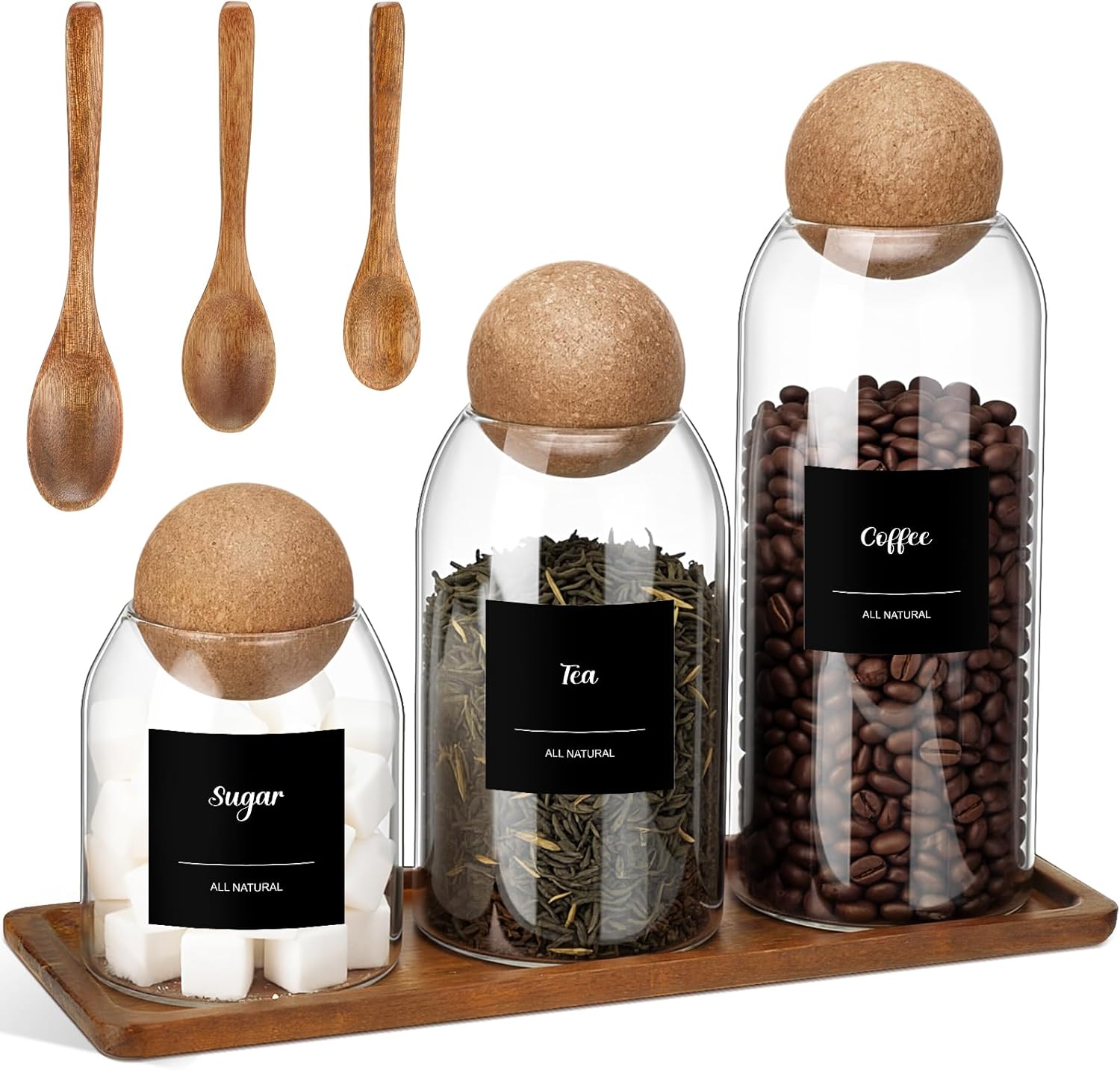 Suclain 3 Pcs Glass Coffee Storage Jar with Ball Cork Lid Wooden Spoon Shelf Labels Airtight Round Bottle Jar Food Storage Canister Set for Sugar Spice Coffee Bean Holder Candy Gift(17, 27, 41 oz)