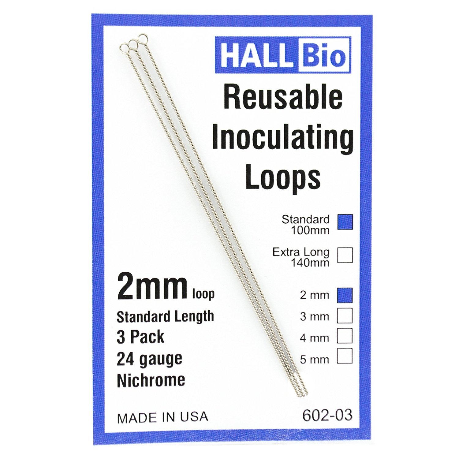 Hall Bio 60203 2mm x 100mm Reusable Inoculating Loops, Nichrome A (3