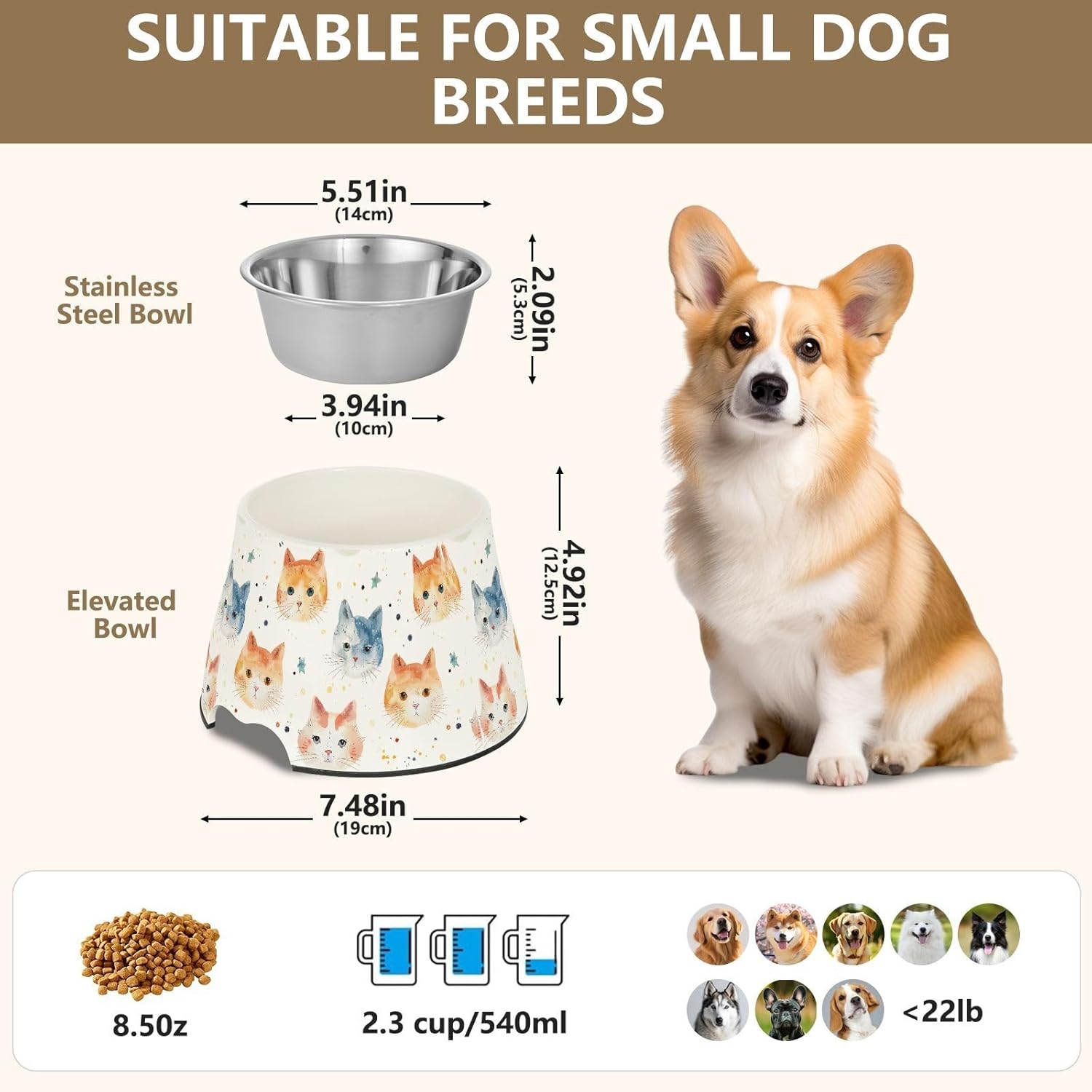 Cute Cat Face Raised Pets Water Bowl with Stand Stainless Steel Cats Food Dish for Slow Feed Cats Whisker Fatigue