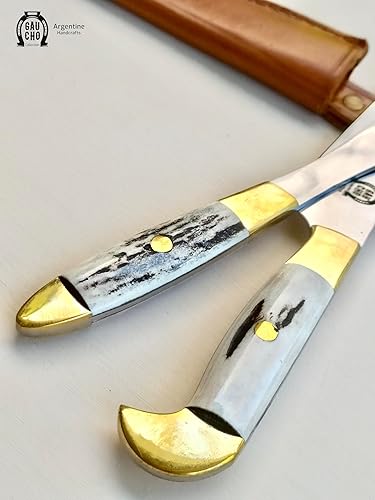 Miniatura 7 de Juego de tenedores de cuchillos argentino Gaucho calidad de acero inoxidable artesanal, mango de bronce pulido de cuerno de ciervo