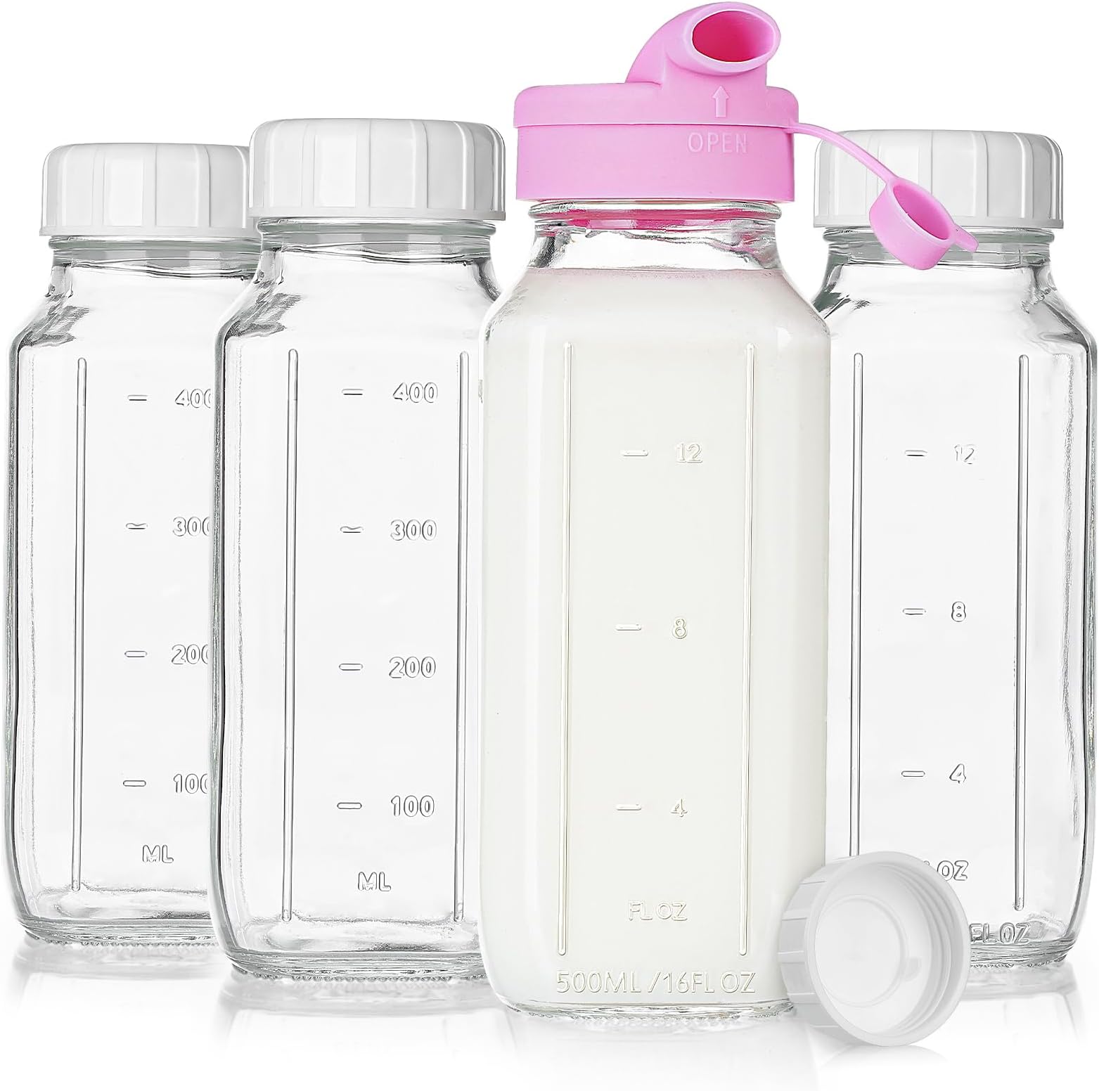 4 Pack 16 Oz Glass Juice Bottles with Airtight Screw Lid, Square Glass Milk Bottle With Pour Spout, Drinking Bottles With Capacity Marks
