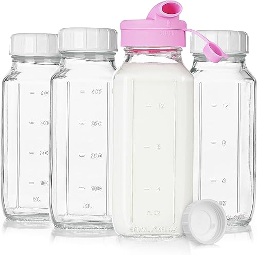 Paquete de 4 botellas de leche de vidrio cuadradas de 16 onzas con una tapa dispensadora de silicona, botellas de jugo de vidrio con tapa hermética