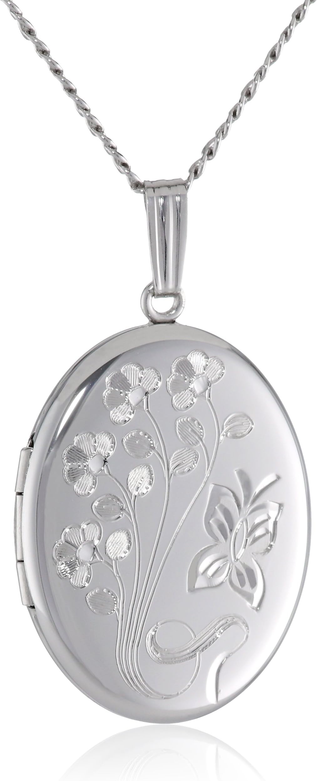 Sterling Silver engraved Flowers Oval Pendant Locket, 20"