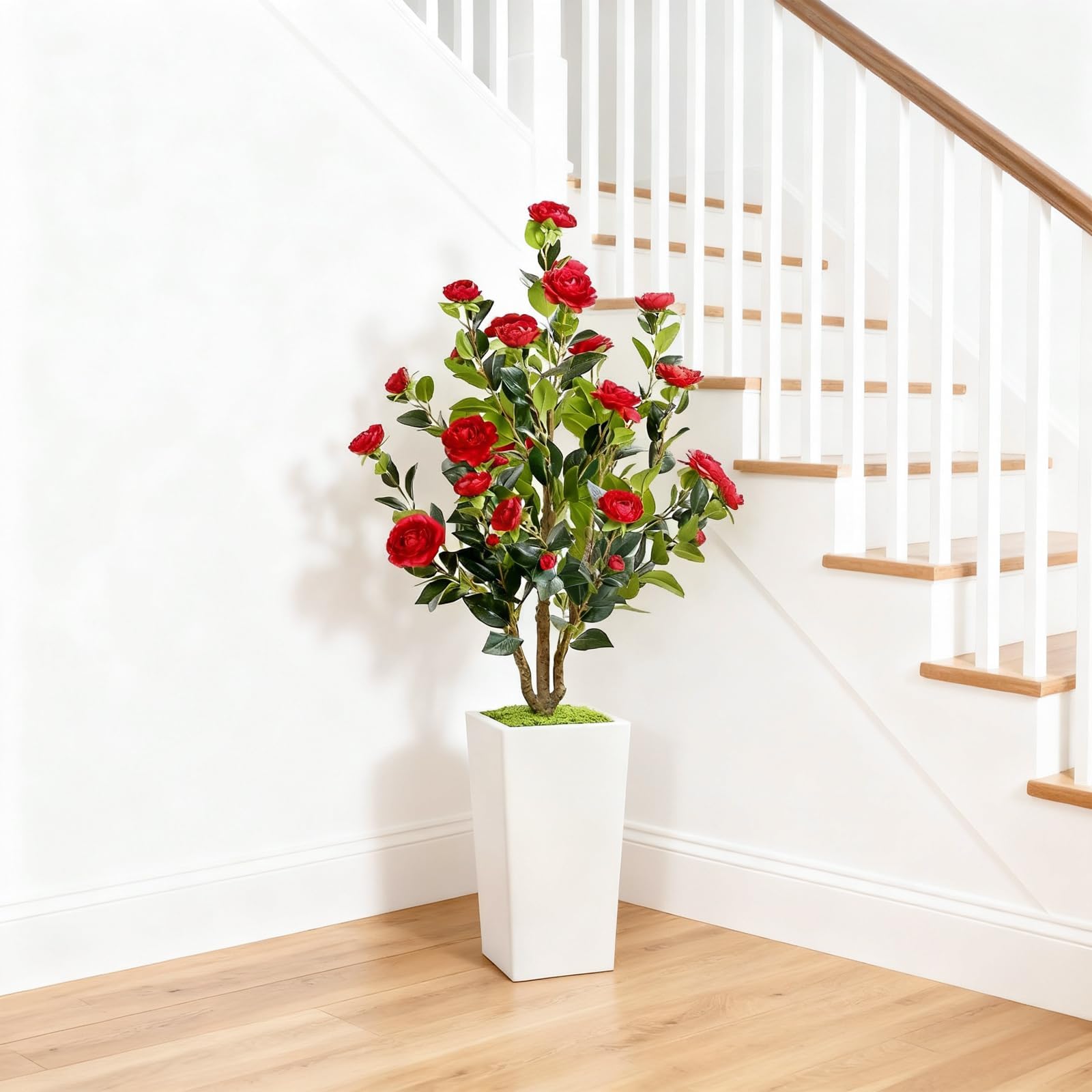 GarveeLife Árbol de Camelia Artificial con Maceta Blanca, 120 cm, Planta Artificial Grande en Maceta, con Hojas y Flores Ajustables, decoración para casa, Boda, Fiesta, jardín, decoración, Rojo