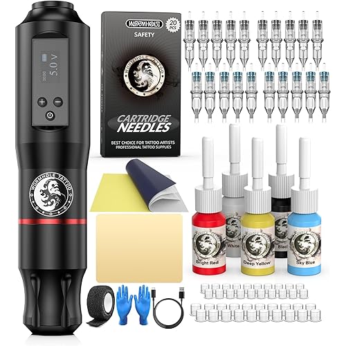 Tattoo Gun Kit, Wormhole Tattoo Kit Wireless Tattoo Machine with 1,600 mAh Capacity Wireless Power Supply Digital LED Display Tattoo Pen Kit WTK279