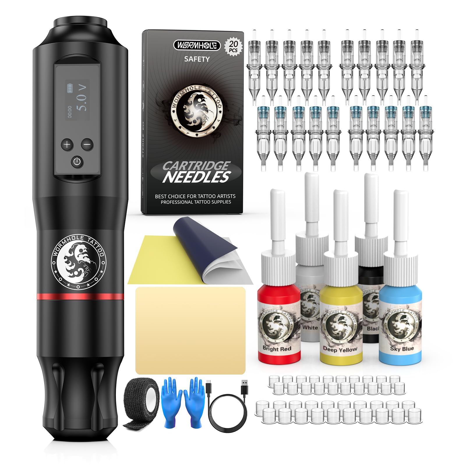 Tattoo Gun Kit, Wormhole Tattoo Kit Wireless Tattoo Machine Kit with 1,600 mAh Capacity Wireless Power Supply Digital LED Display Tattoo Pen Kit WTK279