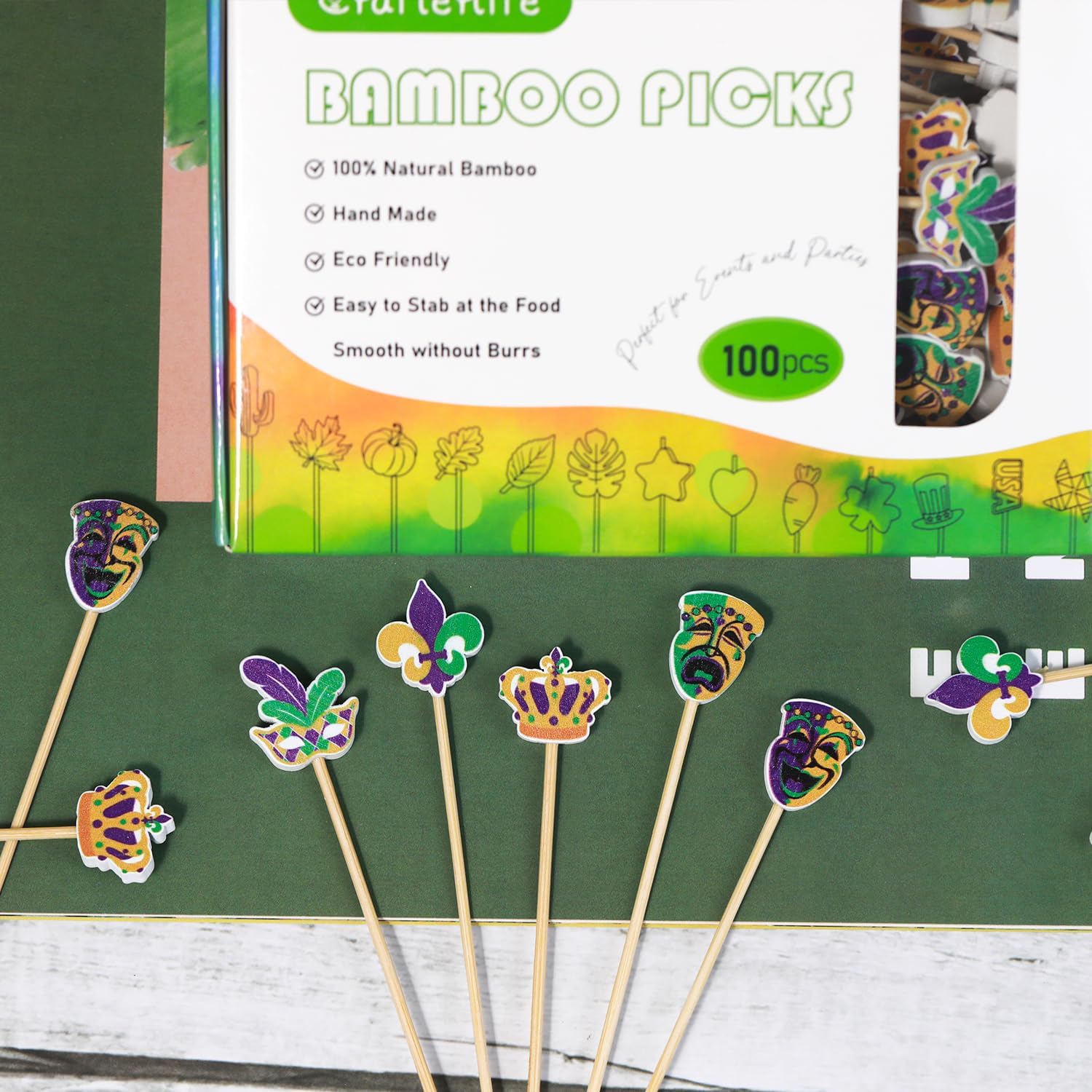100Pcs Mardi Gras Cocktail Picks Carnival Masquerade Party Decor