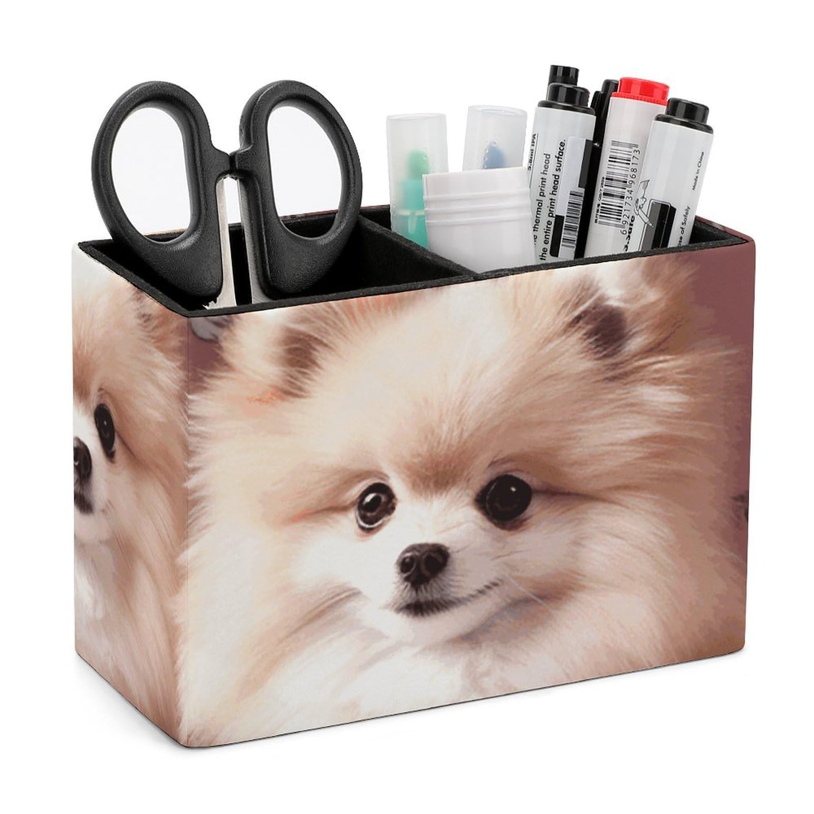 LZQPOEAS Exquisite Patterns PU Leather Pen Holder, Multifunctional Desktop Organizer Caddy with 2 Compartments, Pomeranians Puppies And Point Pencil Cup Makeup Brush Holder for Office Home