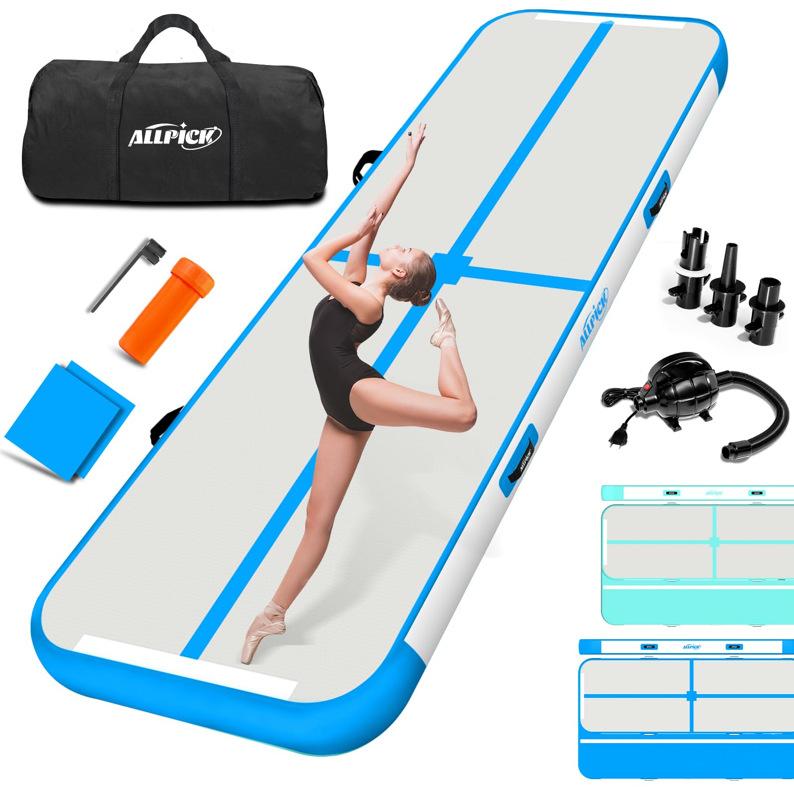 ALLPICK Tappetino da ginnastica gonfiabile con pompa ad aria elettrica, lunghezza 3/4/5/6 m, altezza 10/20 cm, design double face, gonfiabile, per ginnastica, yoga