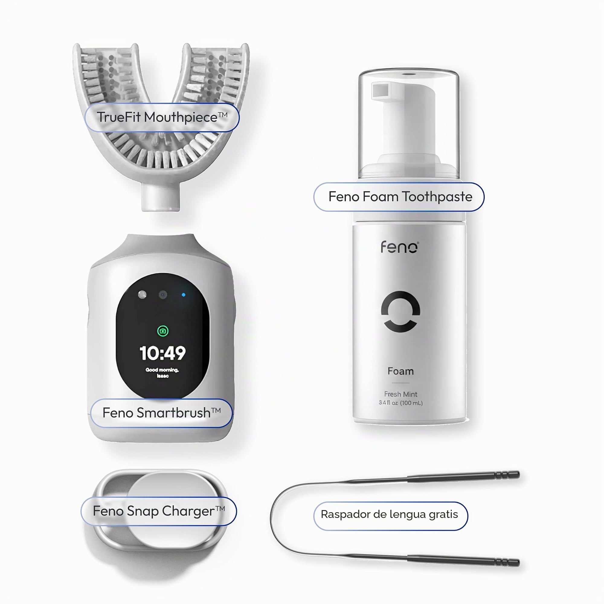 Feno Smartbrush Cepillo de dientes eléctrico para adultos, cepillo oscilante con IA, aplicación y boquilla personalizadas, limpieza profunda de 20 segundos, recargable