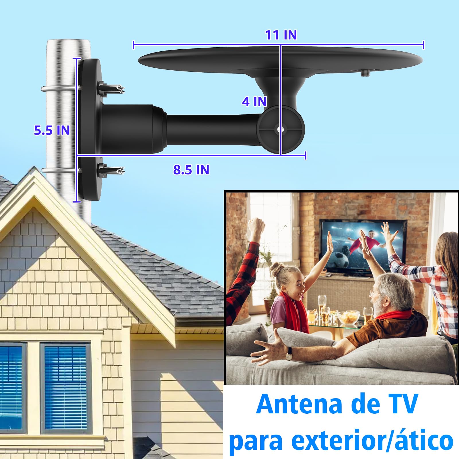 Antena TV Exterior para Smart TV – Antena TDT Digital HD 4K/1080P de Largo Alcance, Recepción Estable UHF/VHF, Compatible DVB-T2/DVB-T, Cable Coaxial 10 m, Resistente a la Intemperie