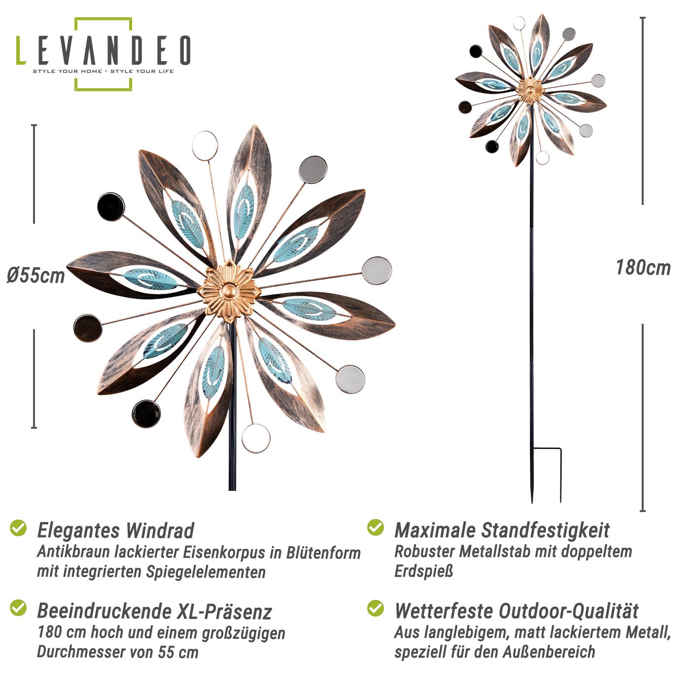 levandeo Molinillo de viento de metal para jardín, altura de 180 cm, diseño de flor antigua, molino de viento, carillón de viento, adorno de metal, flor de metal