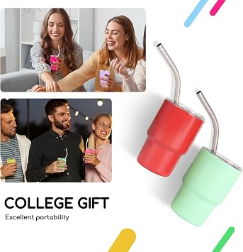 Renkli Kollu 6 Paket Mini Bardak, 3 Oz Mini Bardak Kamışlı, Kapaklı ve Akrilik Zincirli, Bekarlığa Veda Partisi Sıcak ve Soğuk için Küçük Paslanmaz Çelik Yalıtımlı Süblimasyon Shot Bardakları