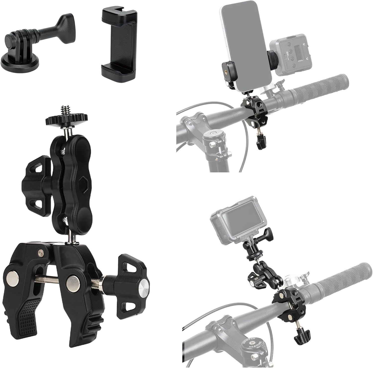JJC Super Camera Clamp Mount Kit with 1/4'' Ballhead for DSLR DJI Osmo Gopro Hero Insta360 Action Camera Smartphone on Desk Motorcycle Bicycle Bracket Handrail Trolley Cross Bar Flag Vlog Video Record