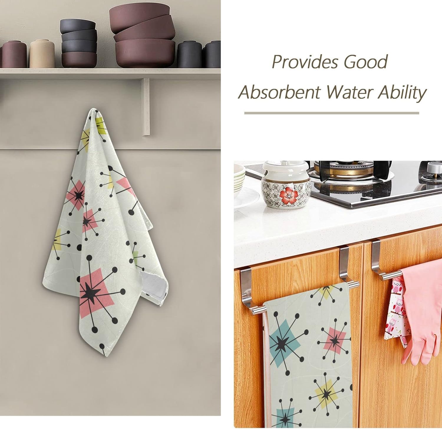 Vintage Mid Century Hand Towels for Bathroom Set of 2 Geometric Retro Atomic Stars Beige Soft Absorbent Kitchen Dish Towels Decorative Bathroom Towels for Face,Hair,Guest,Gym,Spa 14"x28" - Image 7