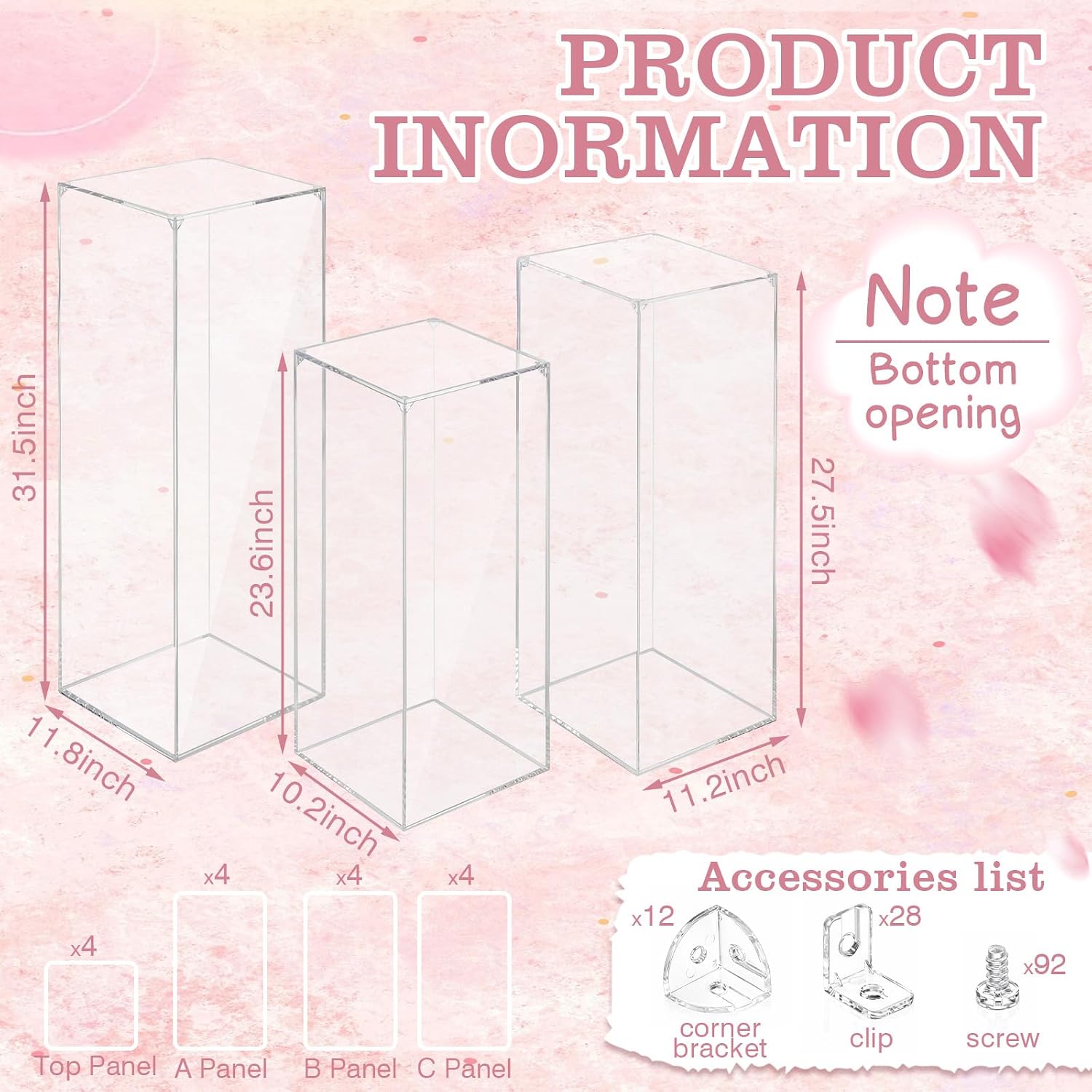 Sintuff 3 Pcs Acrylic Square Pedestal Stand Display Pedestal Stand for Flowers, Sculptures, Cake, for Wedding Events, Art Gallery, Birthday Party Decor(31.5"×11.8"(L), 27.6"×11.2"(m), 23.6"×10.2"(s))
