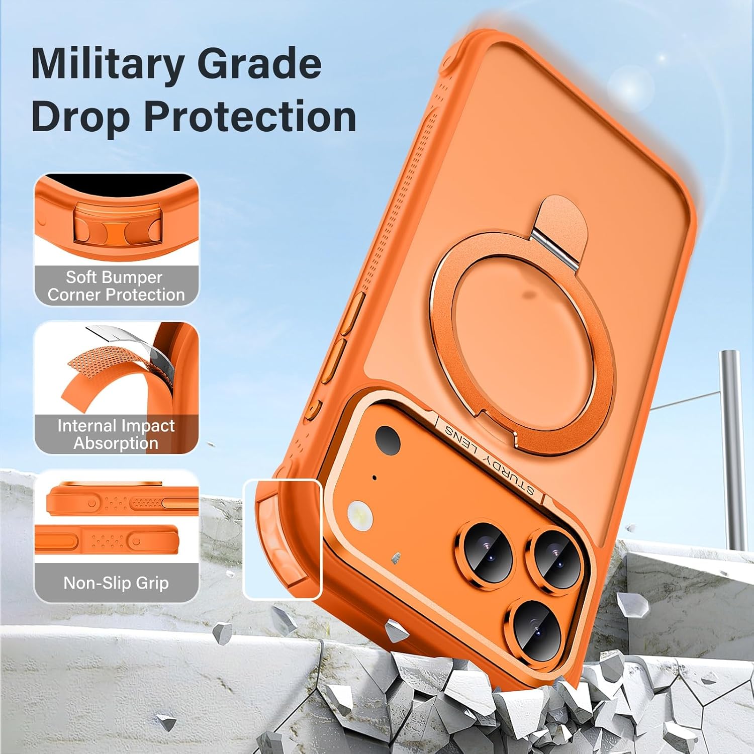Designed for iPhone 17 Pro Max Case with Magnetic Stand, [Military Drop Protection][Great Grip Feeling] Matte Translucent Back Slim Shockproof Phone Cover for iPhone 17 Pro Max 6.9", Orange