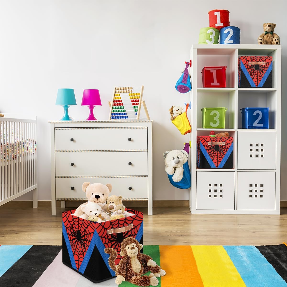 Storage Bin Closet Organizer Bins with Handles, Decorative Collapsible Canvas Cube Storage Baskets for Nursery Shelf, Clothes, Toy, Towel, Book, 13"x 13", Blue Red Spider Web, Polyester