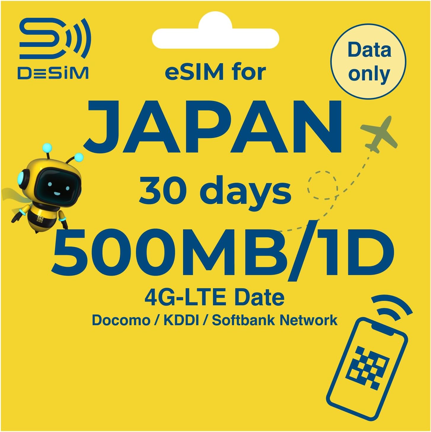 Japan eSIM 30 Days 0.5GB/1Day | DeSiM | Data ONLY | High-Speed Data（30 Days）, Multi-Network, QR Cord Easy Activation, Tethering, No Voice/SMS, Local Support, Prepaid SIM for Japan Travel eSIM