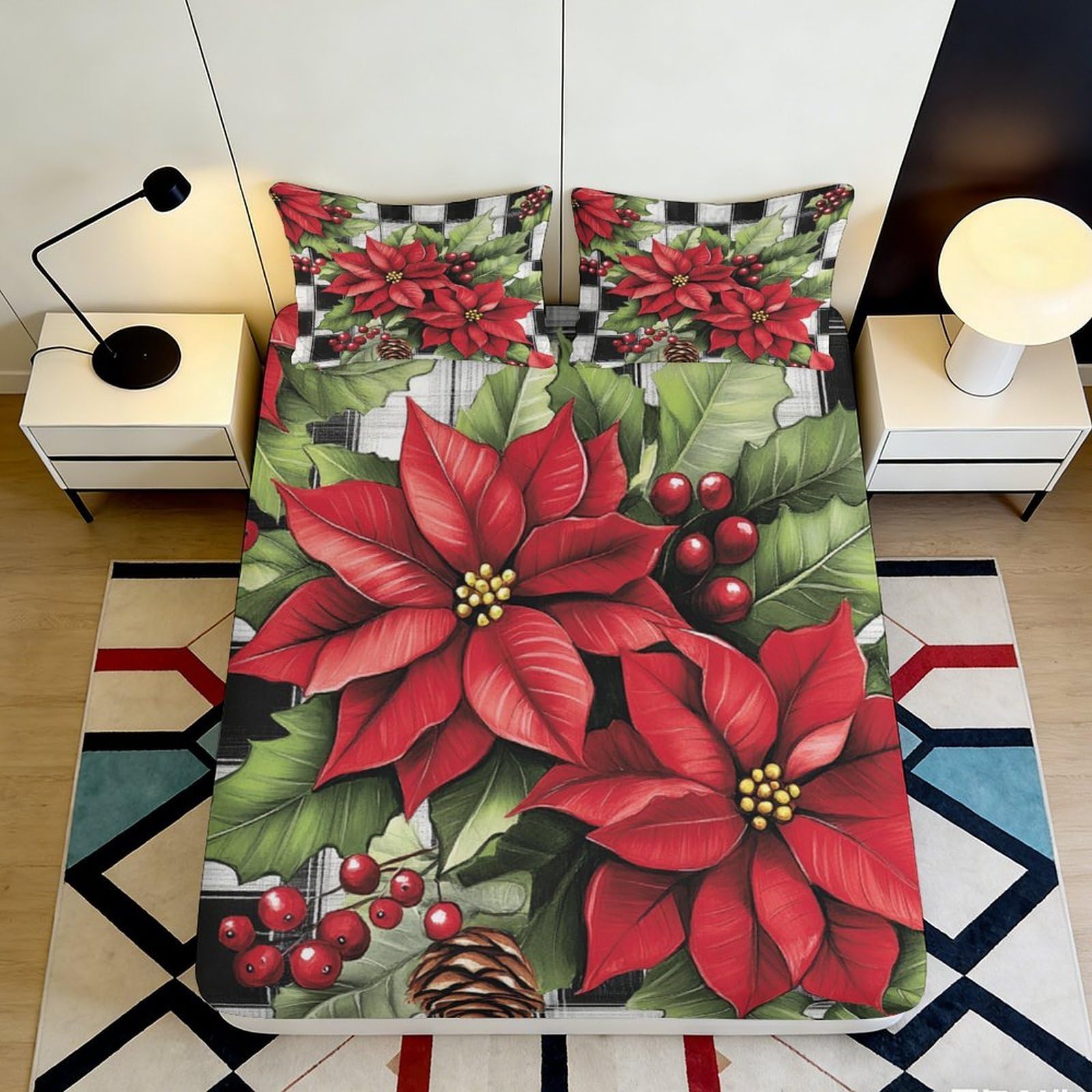 Pnayamiorkfel Style-1 3D Printed Poinsettia Christmas Fitted Sheet Microfiber Soft Festive Bed Cover For Bedroom Guest Room Decor 90X200x25cm