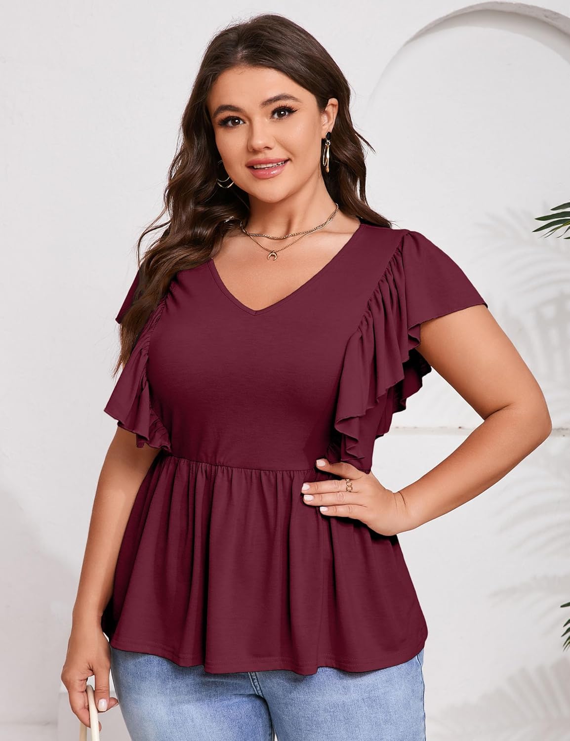 Womens Plus Size Peplum Summer Tops Short Sleeve Casual Blouse Ruffle V Neck T Shirts - Image 3