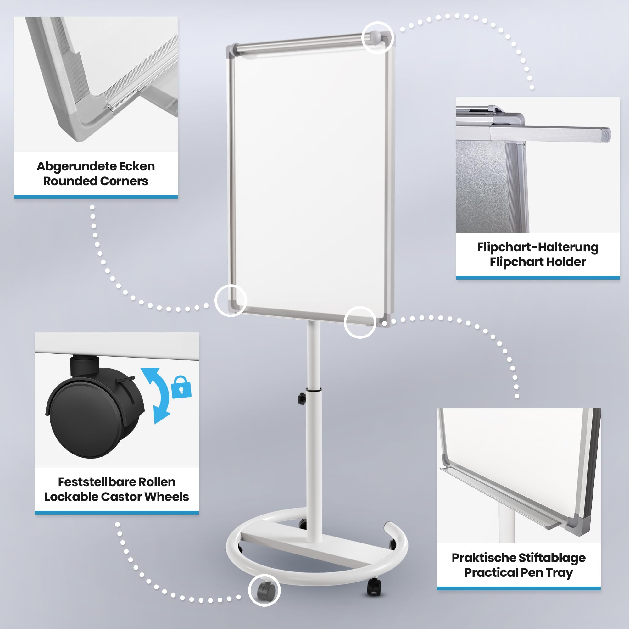 Jago® Lavagna a Fogli Mobili - con Ruote, Base Rotonda, 60 x 90 cm, Altezza Regolabile, 2 Bracci Estensibili, con Magneti, 25 Fogli, Spugna - Lavagna Portablocco, Flipchart, Bacheca Magnetica