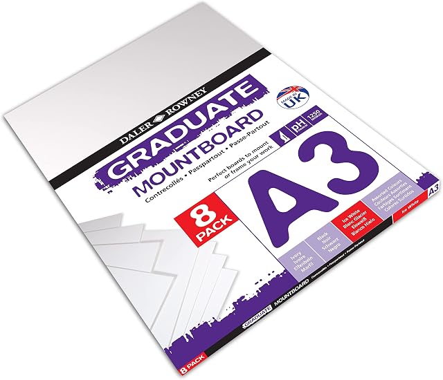 Daler-Rowney Graduate Cream Core A3 Mountboard Pack, 8 x Ice White Smooth Surface, 1.25mm Thick, Ideal for Student Artists